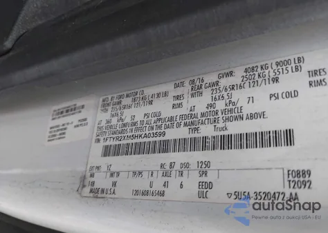 2017 Ford Transit-250 из США, поврежденный, VIN 1FTYR2XM5HKA03599